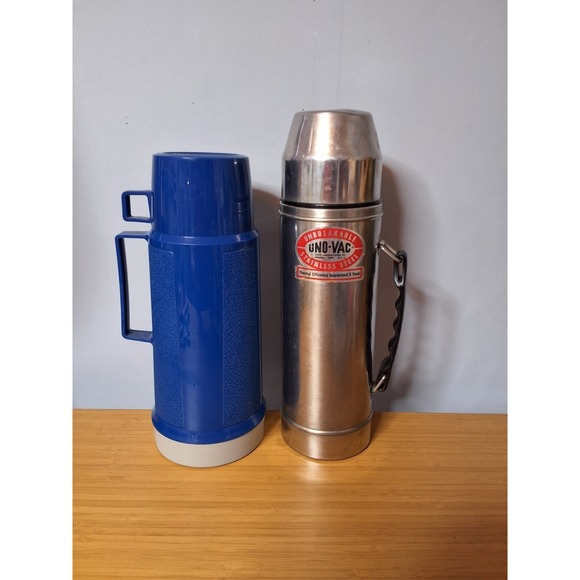 Thermos Other - Vintage Pair Of Thermoses, Unbreakable Uno-Vac & Blue‎ Plastic Thermos. Lot Of 2